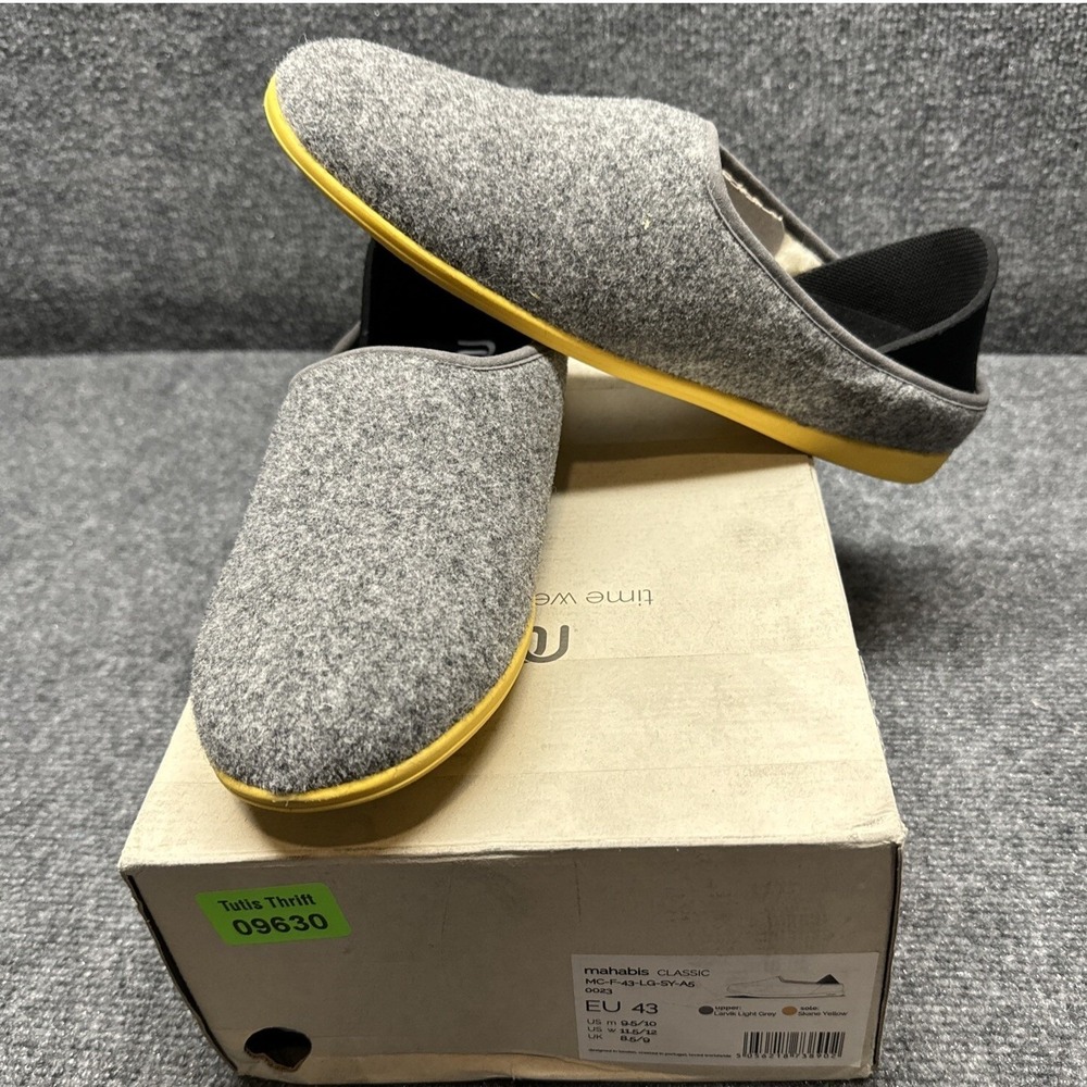 mahabis Classic Larvik Light Grey Skane Yellow Wool Slippers EU 43 US W 11.5-12